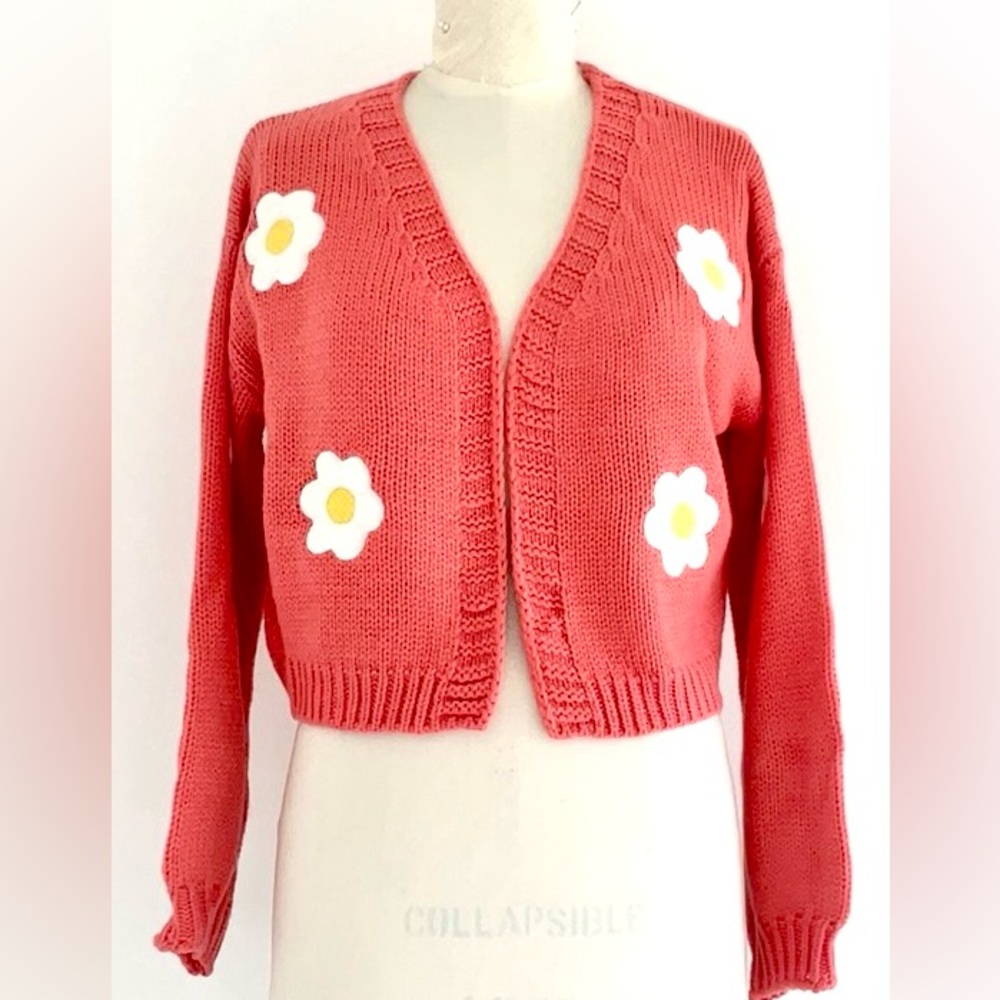 Mid Crop Cardigan Sweater/Shrug wiIth Floral Appliqués Melon/Orange Medium NWOT